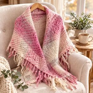 Avoca Wool‎ Shawl Wrap Pink Plaid Fringe Ireland Cozy Lap Blanket Square
